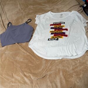 REI Outdoor Afro White Graphic T-Shirt and Athleta Purple Sports Bra Medium